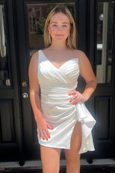 Misshow Orange One Shoulder Tight Satin Homecoming Dress/Mini Dress with Slit